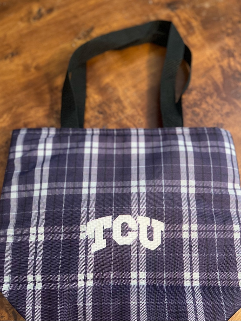 TCU Insulated Food/Drinks Plaid Purple Tote Bag with Black Handles New